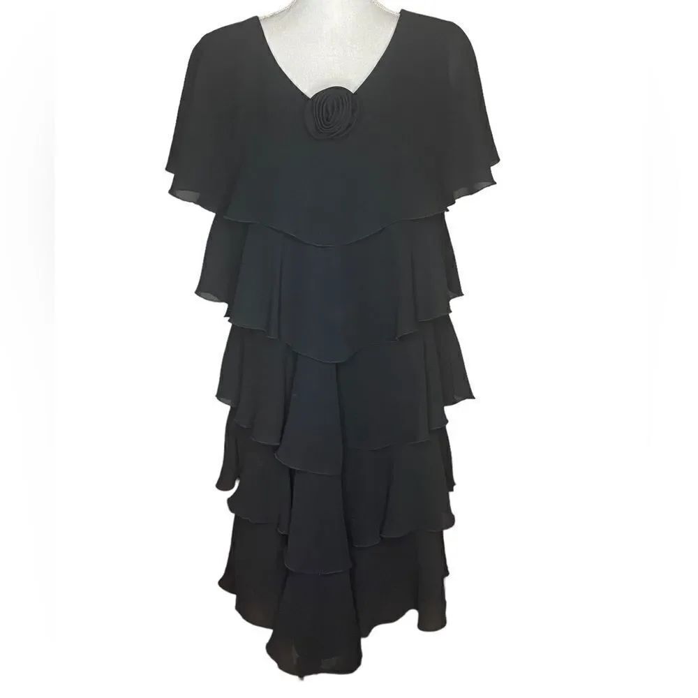 Patra Wm’s Sz 16 Black Ruffle Chiffon Cap Sleeve Flouncy Lined Midi Dress